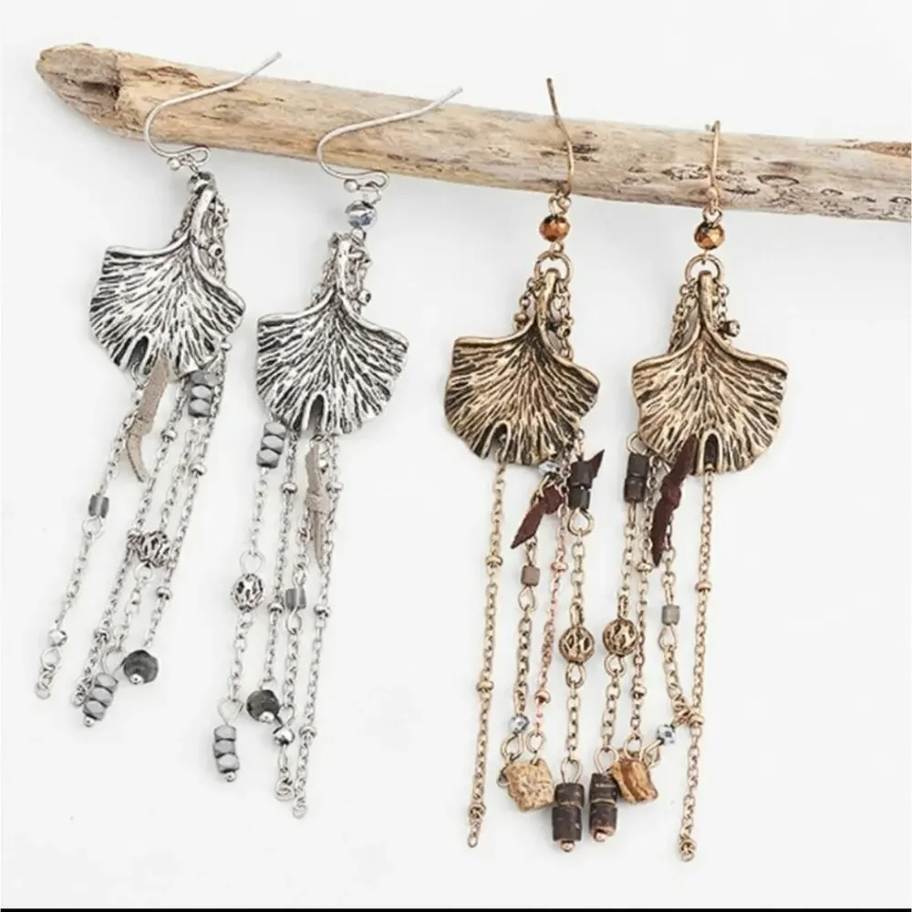 Leaf dangle jasper & hematite artisan made earrings silver - Picture 3 of 3